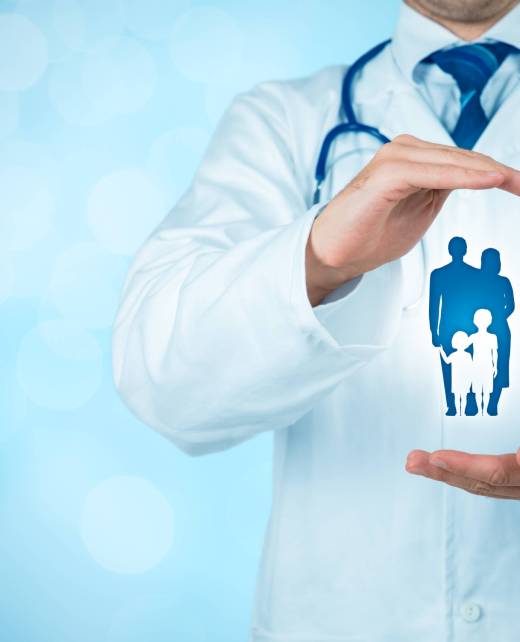 Health (medical) and life insurance Health (medical) and life insurance for the whole family concept. Practitioner doctor with protective gesture and icon of family.
